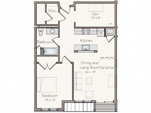 Floor plan for 1 bed, 1 bath, 884 sqft